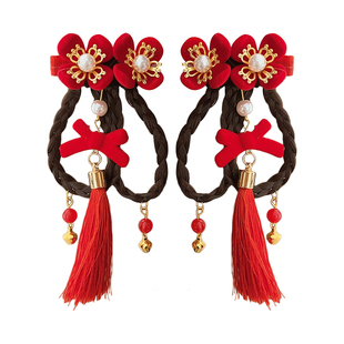 新年儿童假发辫子发夹女童发饰中国风红色流苏小女孩过年汉服头饰