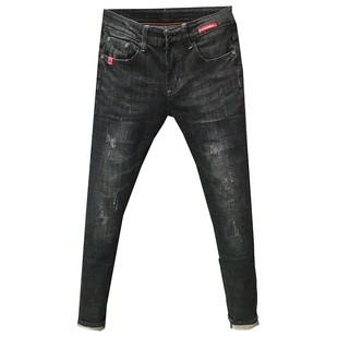 潮男牛仔裤春夏休闲黑色修身小脚新款弹力显瘦高端潮流男士九分裤