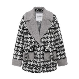 LULUALWAYS我爱露露新款法式浪漫黑白提花毛呢大衣
