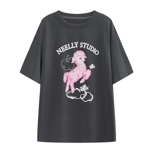 NEELLY纳俪商场同款可爱色彩小羊图案印花T恤女通勤休闲纯棉上衣