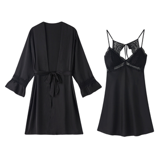 镂空吊带睡裙女款冬季性感冰丝睡衣纯欲风黑色带胸垫睡袍女士丝绸