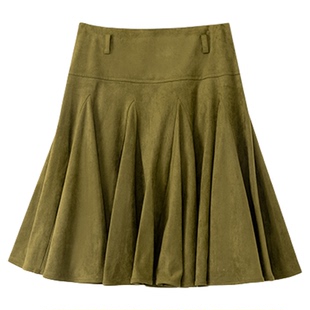司童 复古墨绿色低腰麂皮百褶裙2025冬新款通勤显瘦a字中长裙短裙