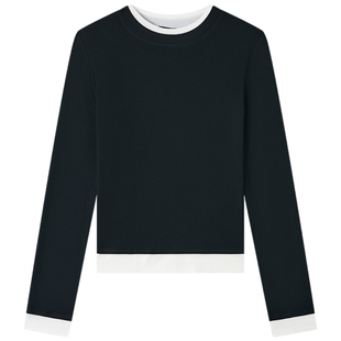 Halo Luu黑白拼色假两件打底衫女春季韩系修身圆领内搭针织衫上衣