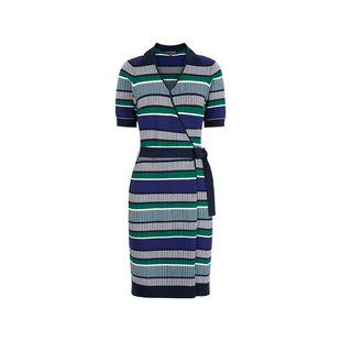 MARYLING玛俪琳春秋水光蓝影蓝绿间条针织连衣裙A1DBW04690