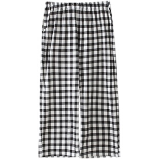 空调睡裤女夏七分裤纯棉日系格子可外穿薄款宽松版大码全棉家居裤