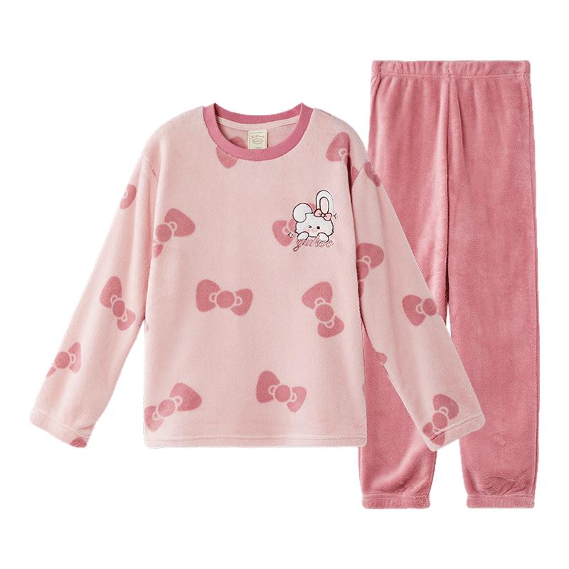 Gukoo/果壳睡衣女冬珊瑚绒保暖舒适满印可外穿家居服套装睡衣