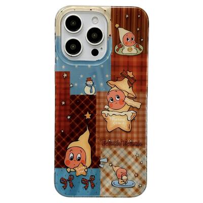 jze 复古拼接棕格纹可爱星星小人适用苹果16ProMax手机壳iphone13新款15pro女15带链条17pro双层14防摔保护套