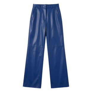 Women's leather straight leg pants休闲纯色皮革中高腰直筒裤女