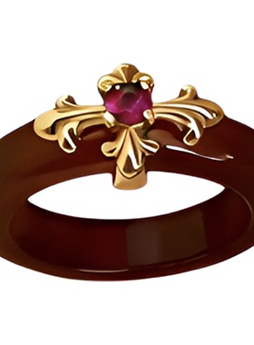 复古纯银鸢尾花十字架红玛瑙戒指