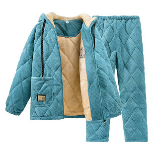 古今新款冬季睡衣女士三层夹棉加绒加厚珊瑚绒抗静电家居服套装