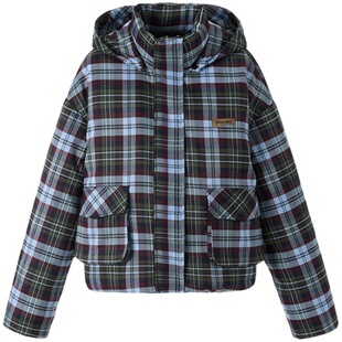 BETWEENAND学院复古格子派克分格充绒女夹克外套可脱卸帽子羽绒服