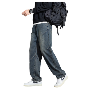 唐狮春秋新款牛仔裤男直筒裤显瘦潮流美式复古水洗设计感裤子男