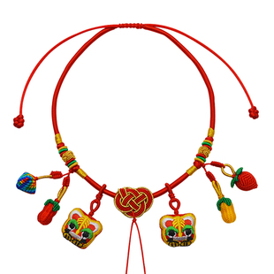 手工编织项圈宝宝长命金锁编绳百日红绳婴儿童吊坠老虎挂绳项链绳