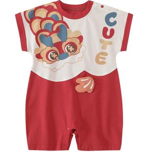 百天宝宝衣服男宝周岁礼服红色喜庆国风夏季短袖薄款婴儿连体哈衣