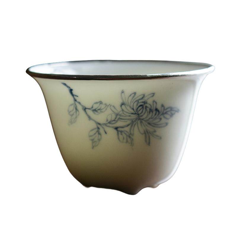 季度窑青花茶杯品茗杯包银杯薄胎主人杯仿古客杯茶杯中式小杯子