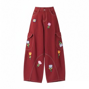特大码胖mm复古高街酒红色牛仔裤女美式个性ins花朵刺绣直筒裤子