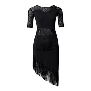 拉丁舞演出服女流苏中长款V领5分袖连衣裙成人舞蹈表演练习服黑池