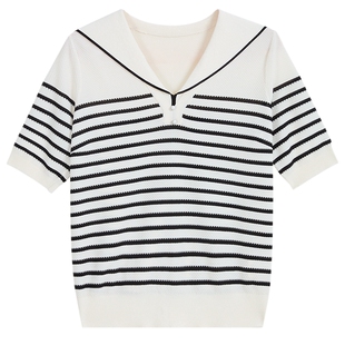 YINER音儿专选2026夏季新款时尚优雅减龄撞色条纹海军领针织衫