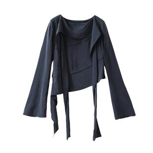 popchrio◆飘逸感不规则飘带喇叭长袖衬衫小个子短款收腰衬衣女秋