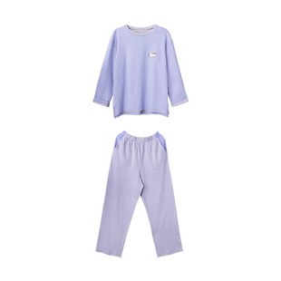 FishHome原创弹力针织棉奶蓝奶黄波点条纹圆领套头长袖长裤家居服