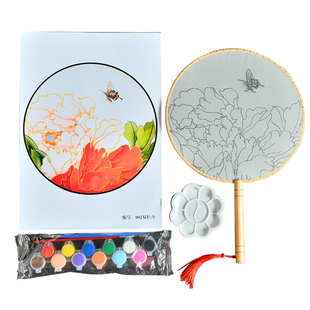 空白团扇子diy涂画手绘绘画古风DIY材料包工笔画线稿上色亲子活动