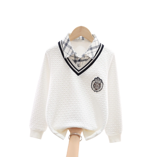 男童卫衣秋冬假两件2023新款中大童加绒冬季白色上衣男孩衣服学生