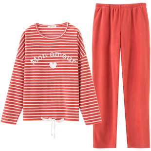 睡衣男女士春秋季长袖摇粒绒韩版落肩条纹可爱家居服两件套顶呱呱