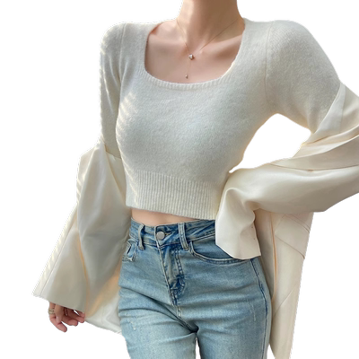 u领打底衫短款羊毛方领针织衫