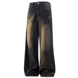 悟空有货美式高街微喇分割设计破洞牛仔裤男水洗复古直筒拖地裤子