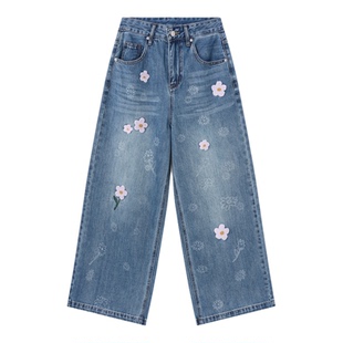 百家好做旧牛仔阔腿裤子2026春季新款女士粉花刺绣宽松九分直筒裤