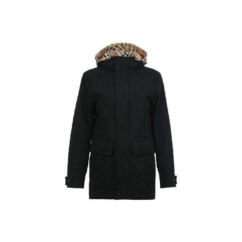 【自营】BURBERRY/博柏利FW24女士格纹兜帽菱格中长款棉服外套