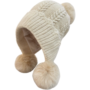 2025加绒针织毛球帽女冬季韩版保暖护耳加厚毛线帽显脸小防寒帽子