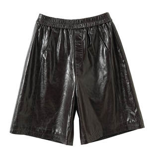 高级感欧洲站油蜡羊皮皮2025新款五分高腰真皮皮短裤中裤阔腿裤女