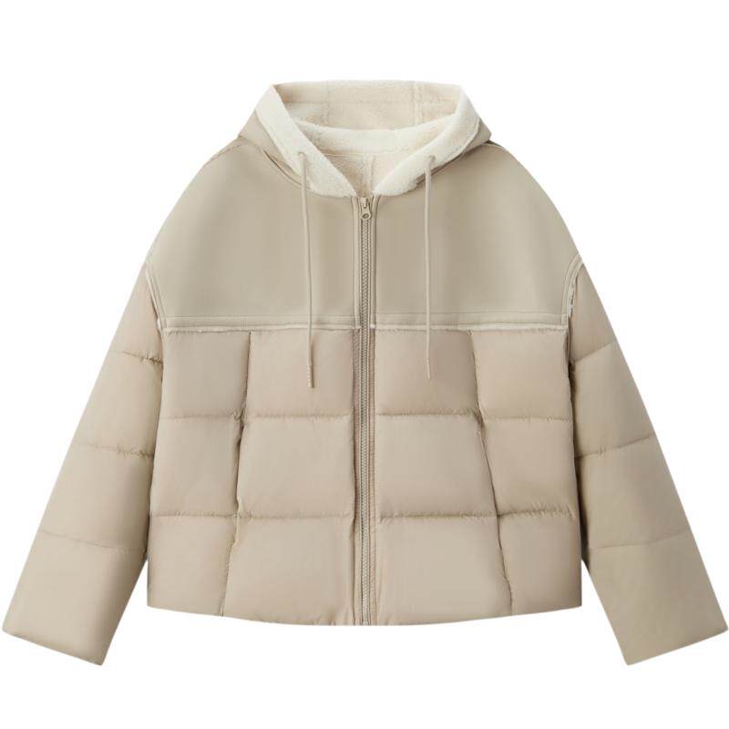 森马复古毛绒连帽拼接宽松棉服女