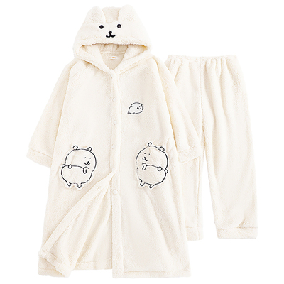 珊瑚绒自嘲熊睡衣连帽睡袍冬季