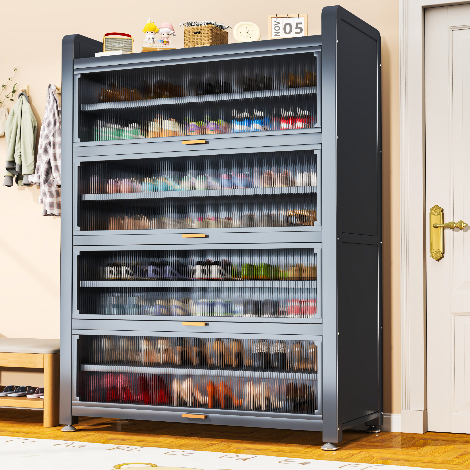 家用钢制鞋柜收纳柜一体靠墙新爆款多层大容量门口鞋架防尘储物柜