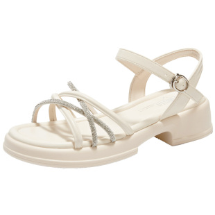 大东凉鞋女鞋绑带2025夏新款时尚粗跟中跟圆头鞋厚底罗马鞋0238