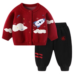 婴儿套装秋冬男宝宝新年装加绒三件套冬装男童红色毛衣拜年服礼服