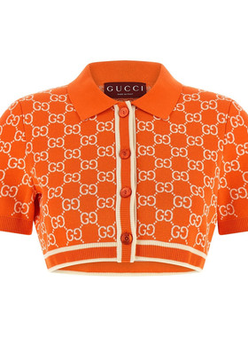GUCCI 古驰女士橘色棉质半袖超短Polo开衫 26早春新款 意大利代购