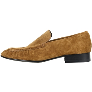 PrettyRiver复古麂皮褶皱圆头绒面乐福鞋女老钱风棕色时尚单鞋女