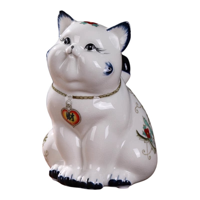 招财猫摆件创意家居客厅电视柜可爱猫咪装饰青花新中式工艺品摆设