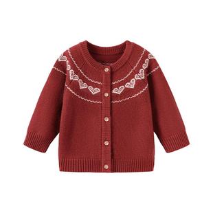 babylove婴儿针织开衫秋冬羊毛新年红色保暖外套外出毛衣星空锈红