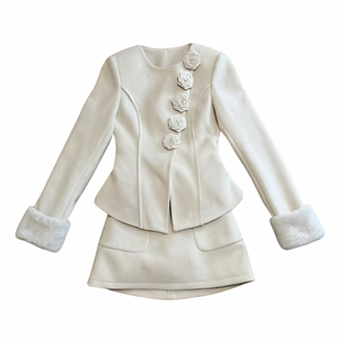 越韩小鱼 山茶物语 富家千金感毛领毛呢外套短裙气质名媛套装女冬