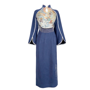 壹贰定制改良旗袍新中式早春国风藏青显瘦长袖连衣裙 精卫衔山石