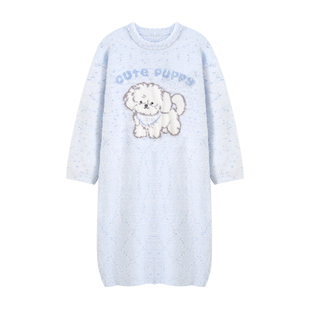 软绵绵卡通冬季睡裙女长袖加绒加厚保暖半边绒可外穿长裙家居服秋