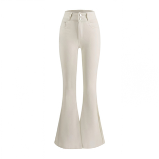 李李服饰加绒米白色双扣丰胯紧身微喇牛仔裤女2025冬季新款长裤子