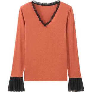 [李薇联名]三枪木耳边v领保暖上衣外穿女打底衫内衣商务秋衣女士