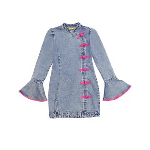 哟酷酷（福禄东方）新中式旗袍撞色连衣裙女马蹄扣修身显瘦牛仔裙