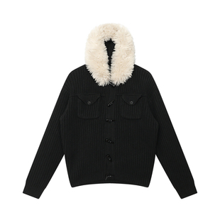 FUNKYFUN 可拆卸毛毛领 粗坑条牛角扣门襟连帽厚实针织毛衣外套