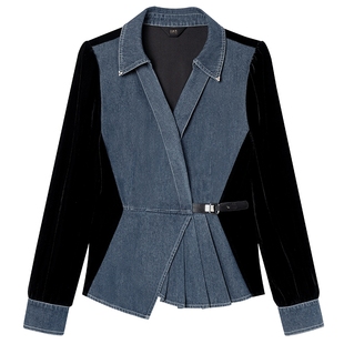 白鹿语法式复古丝绒牛仔拼接衬衫25秋新款高级感名媛收腰显瘦上衣